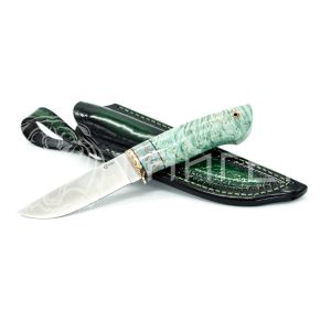 Нож Егерь, сталь S 390, макумэ ганэ,зуб мамонта, стаб.кап клена, форм.ножны