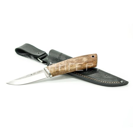 Нож туристический SAMOYED N690 SW WH LS (StoneWash, Walnut Handle, Leather Sheath)